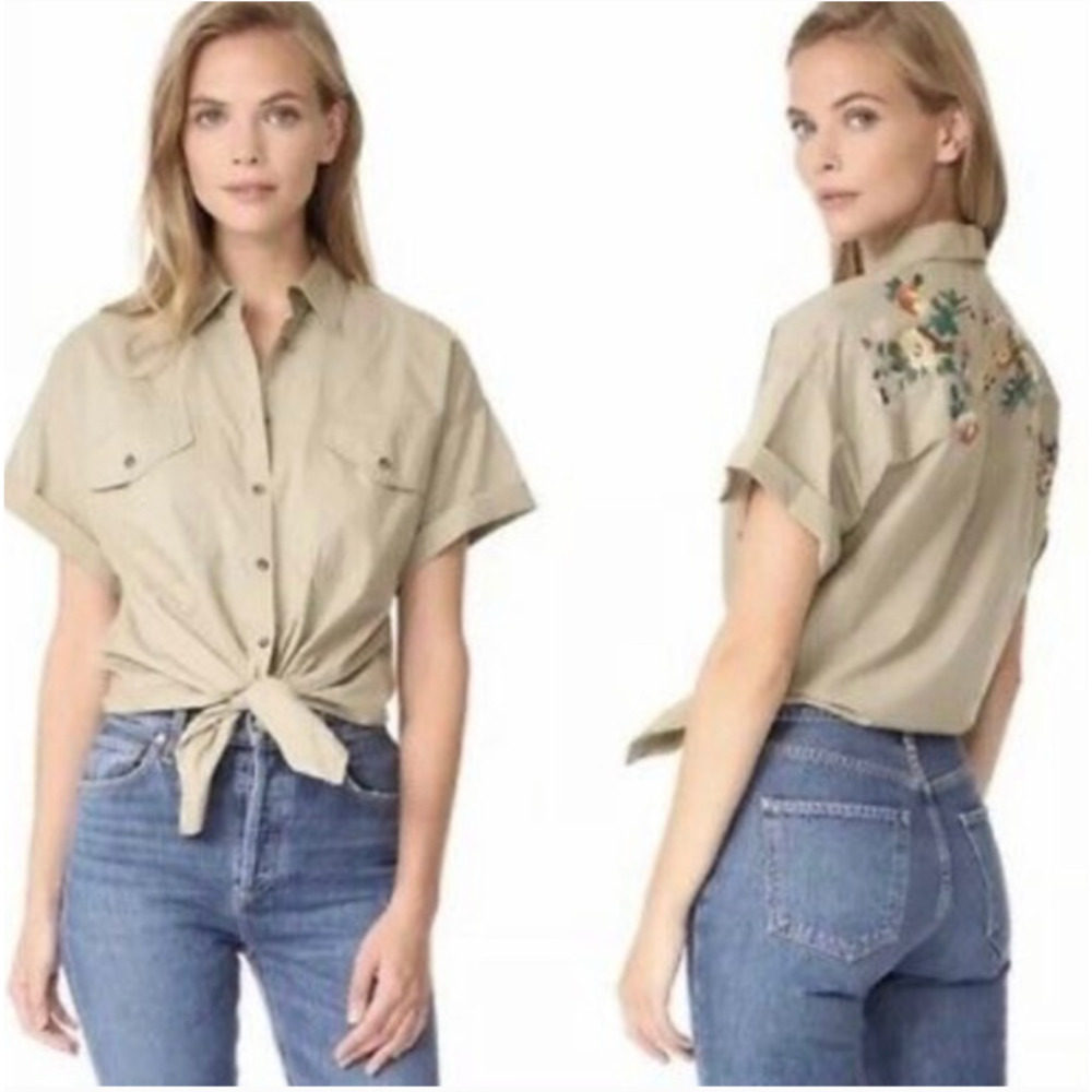 MADEWELL • Khaki Floral Embroidered Short Sleeve Button Top Sz S - Picture 1 of 8